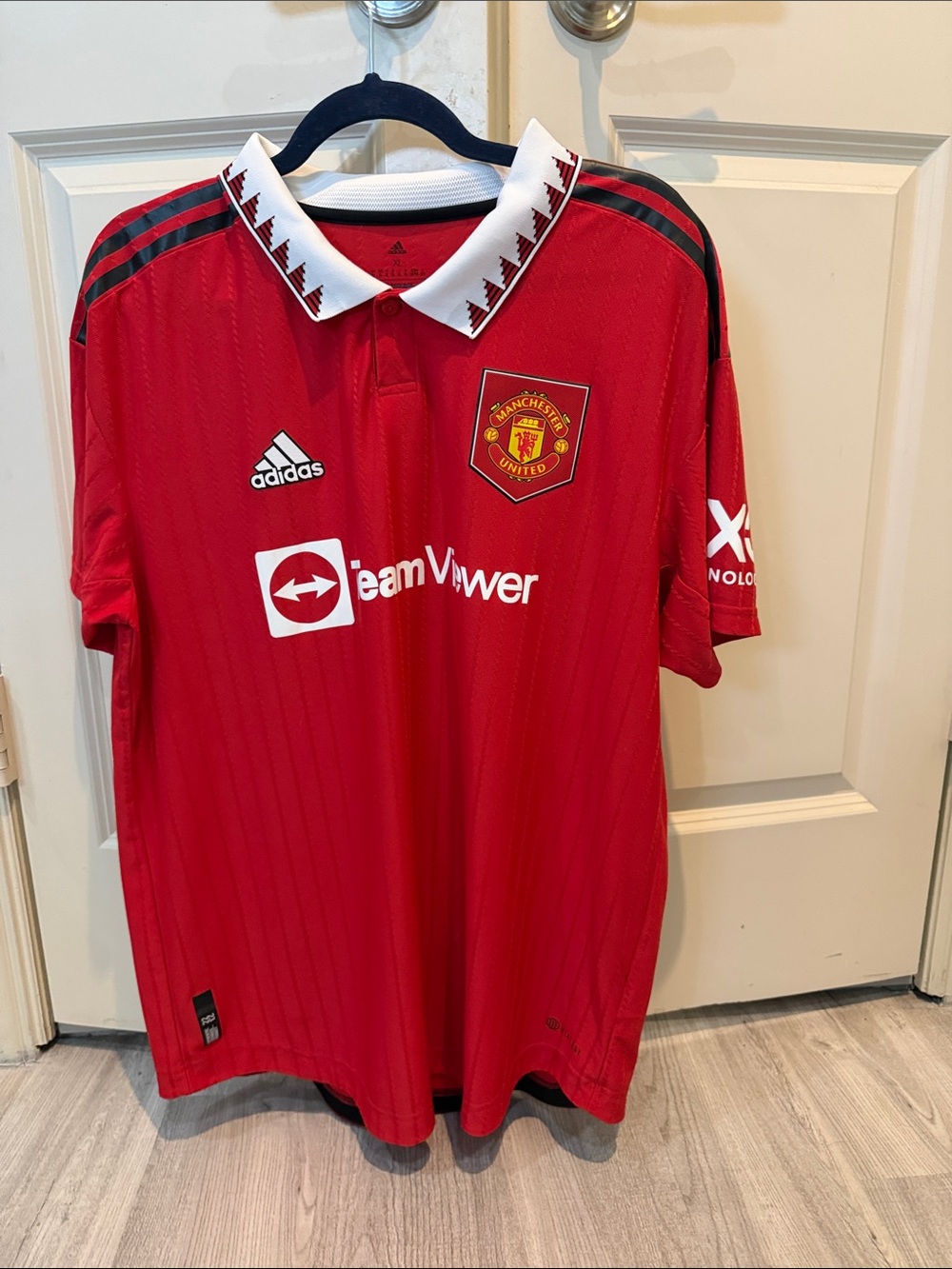 adidas Red Manchester United Home Soccer Jersey with White Collar